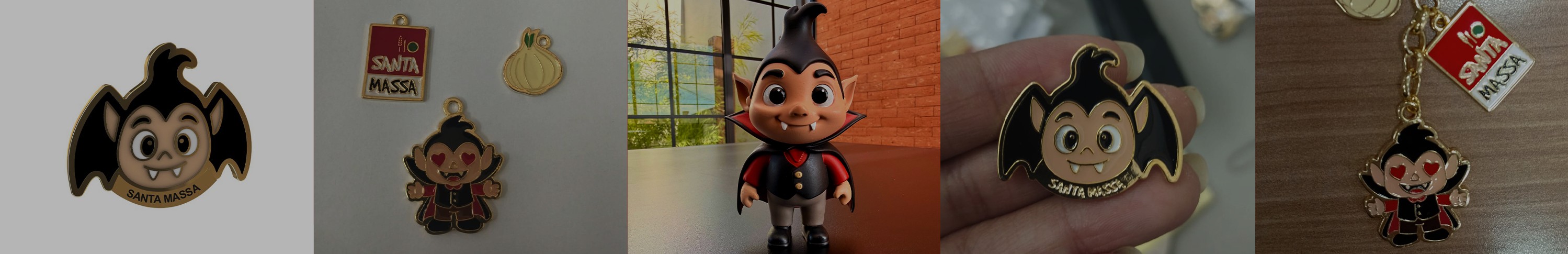 Linha de produtos licenciados do Conde Alhyson: pins, chaveiros esmaltados e boneco impresso em 3D