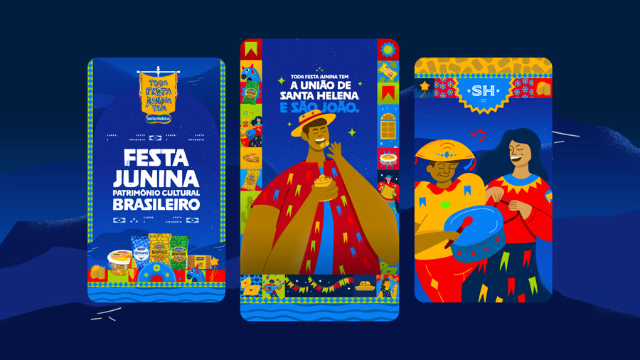 Três aplicações do key visual em stories: Festa Junina Patrimônio Cultural Brasileiro, Toda Festa Junina Tem a União de Santa Helena e São João, casal ilustrado