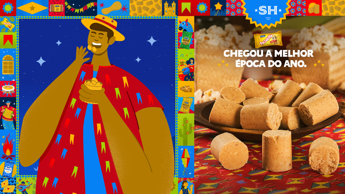 Personagem ilustrado em traje junino e produto Paçoquita, chegou a melhor época do ano